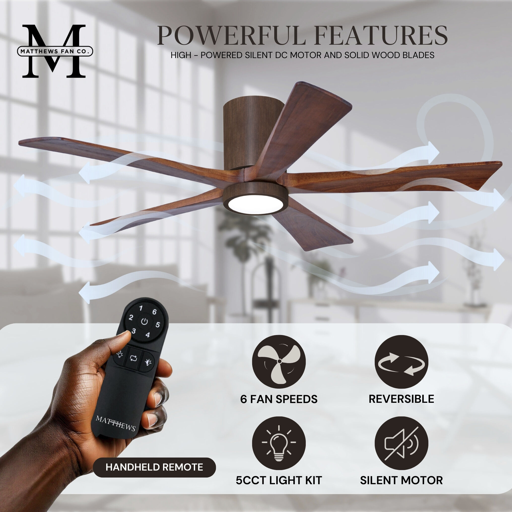 Atlas Irene-5HLK 42 inch Walnut Tone Flush Mount Paddle Fan, Flush Mounted
